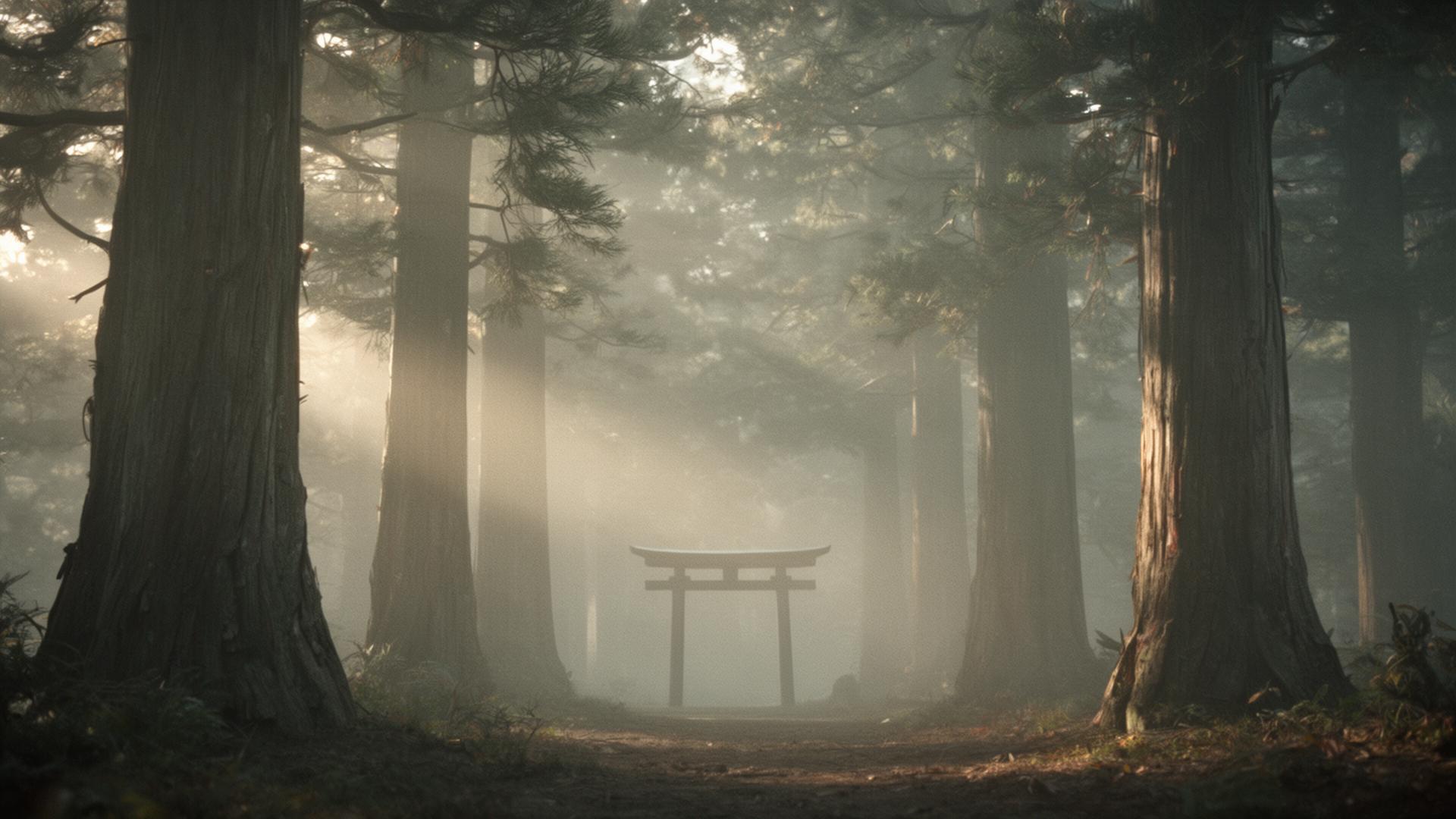 Misty cedar forest with a distant torii gate